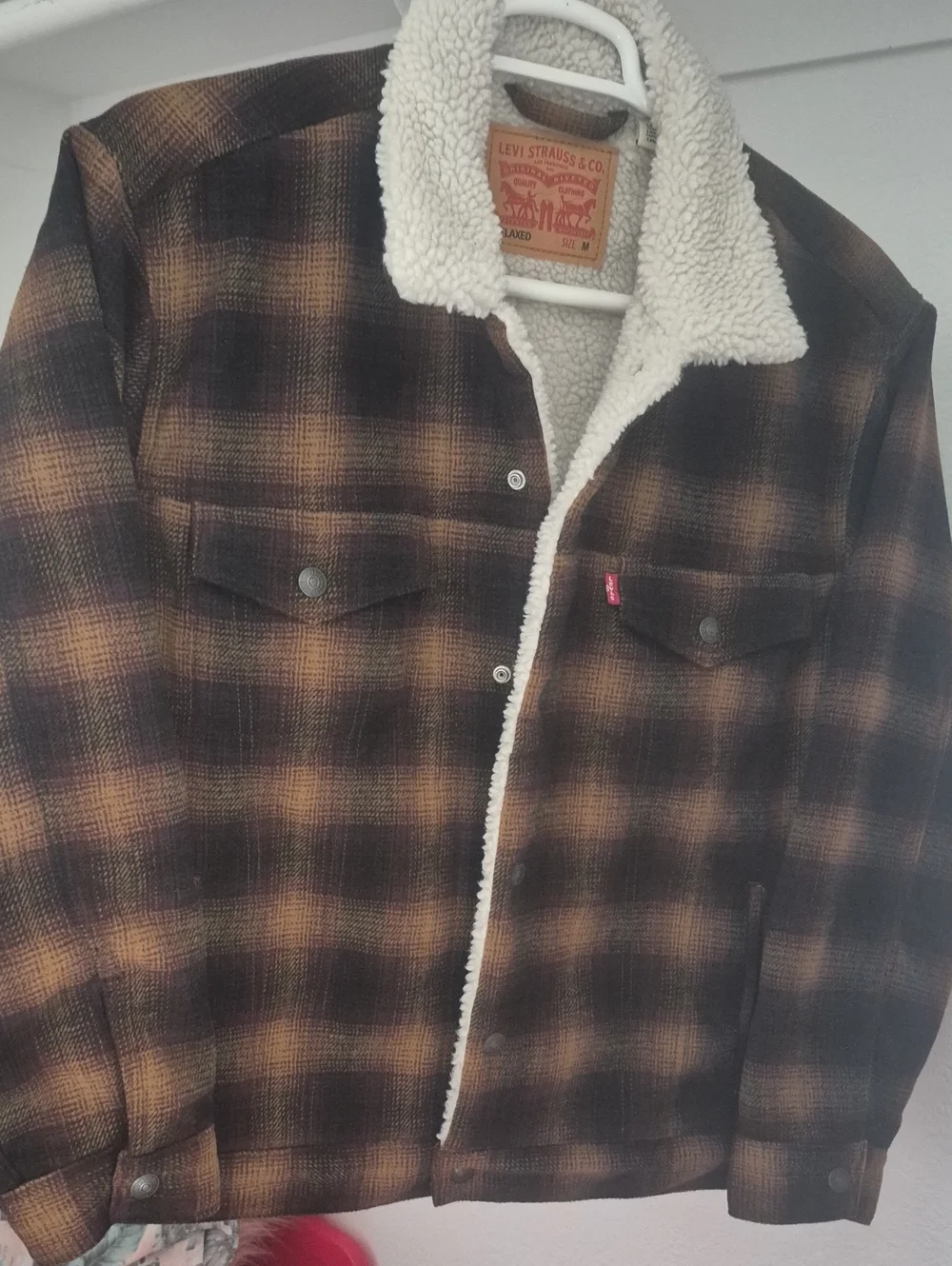 Levi's Brown and Black Plaid Sherpa-Lined Shirt Jacket Size M